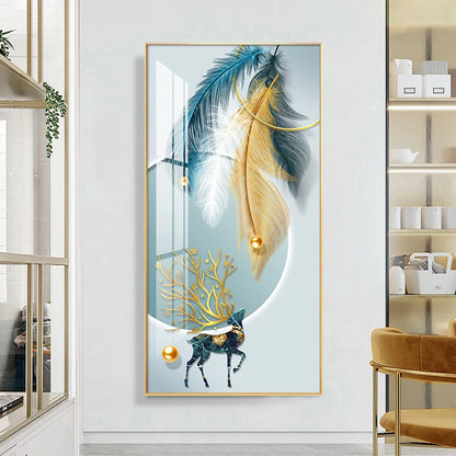 Auspicious Abstract Golden Feather Deer Landscape Wall Art Fine Art Canvas Prints Pictures For Living Room Entrance Foyer Light Luxury Home Decor