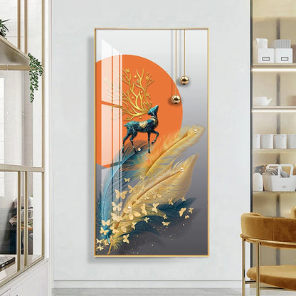 Auspicious Abstract Golden Feather Deer Landscape Wall Art Fine Art Canvas Prints Pictures For Living Room Entrance Foyer Light Luxury Home Decor