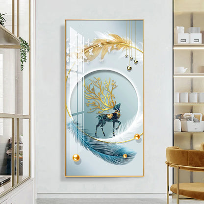 Auspicious Abstract Golden Feather Deer Landscape Wall Art Fine Art Canvas Prints Pictures For Living Room Entrance Foyer Light Luxury Home Decor