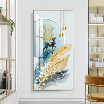 Auspicious Abstract Golden Feather Deer Landscape Wall Art Fine Art Canvas Prints Pictures For Living Room Entrance Foyer Light Luxury Home Decor