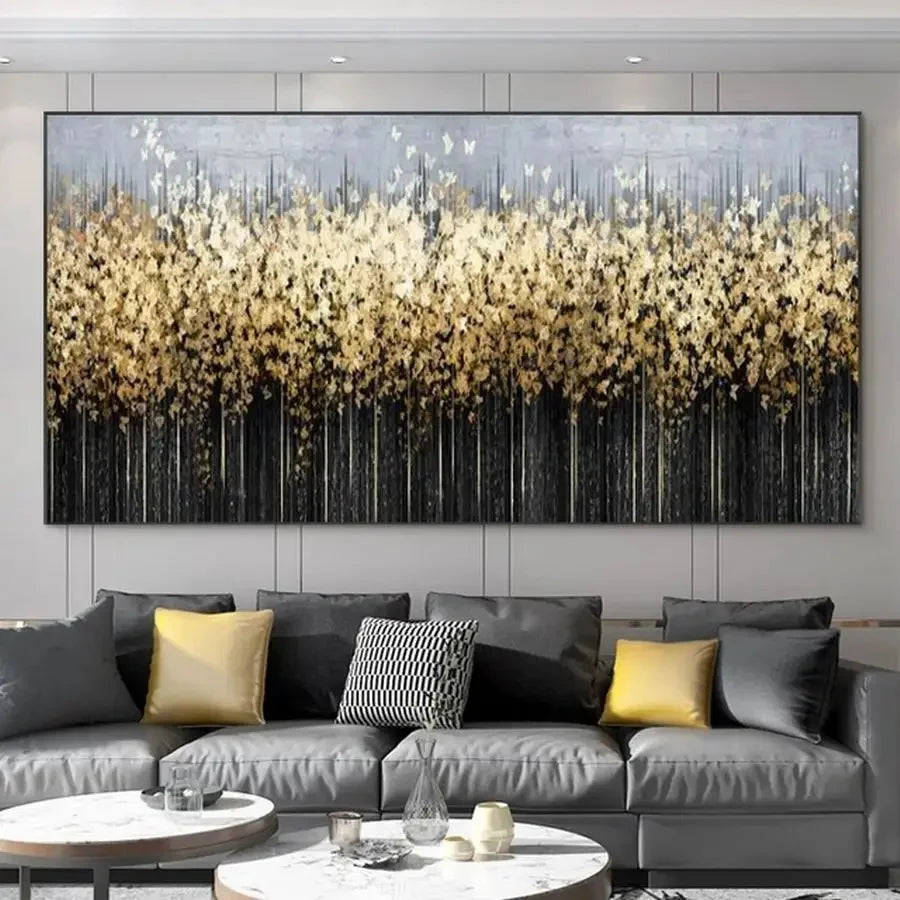 Auspicious Abstract Golden Money Tree Forest Wall Art Fine Art Canvas Print Wide Format Picture For Above The Sofa