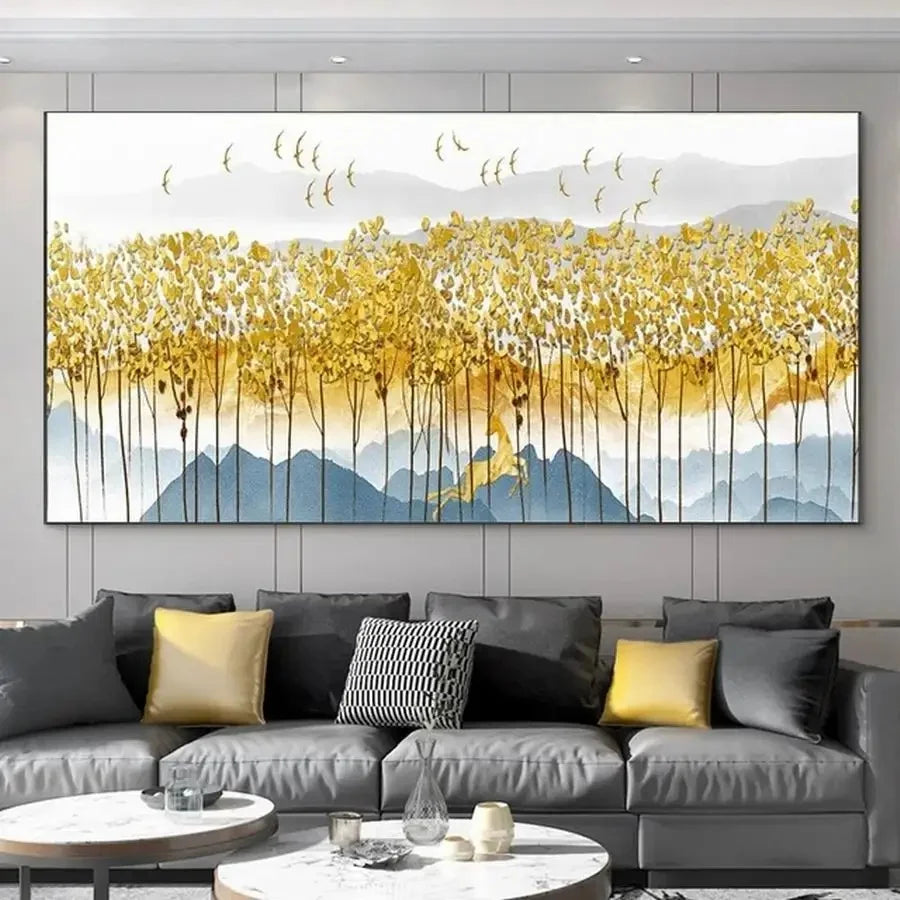 Auspicious Abstract Golden Money Tree Forest Wall Art Fine Art Canvas Print Wide Format Picture For Above The Sofa