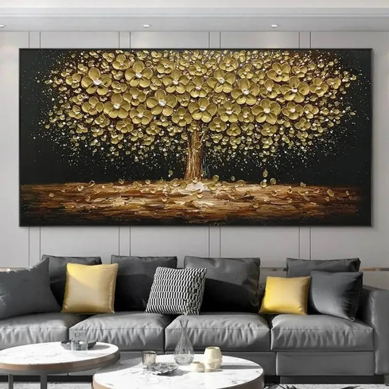 Auspicious Abstract Golden Money Tree Forest Wall Art Fine Art Canvas Print Wide Format Picture For Above The Sofa