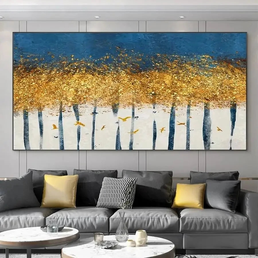 Auspicious Abstract Golden Money Tree Forest Wall Art Fine Art Canvas Print Wide Format Picture For Above The Sofa