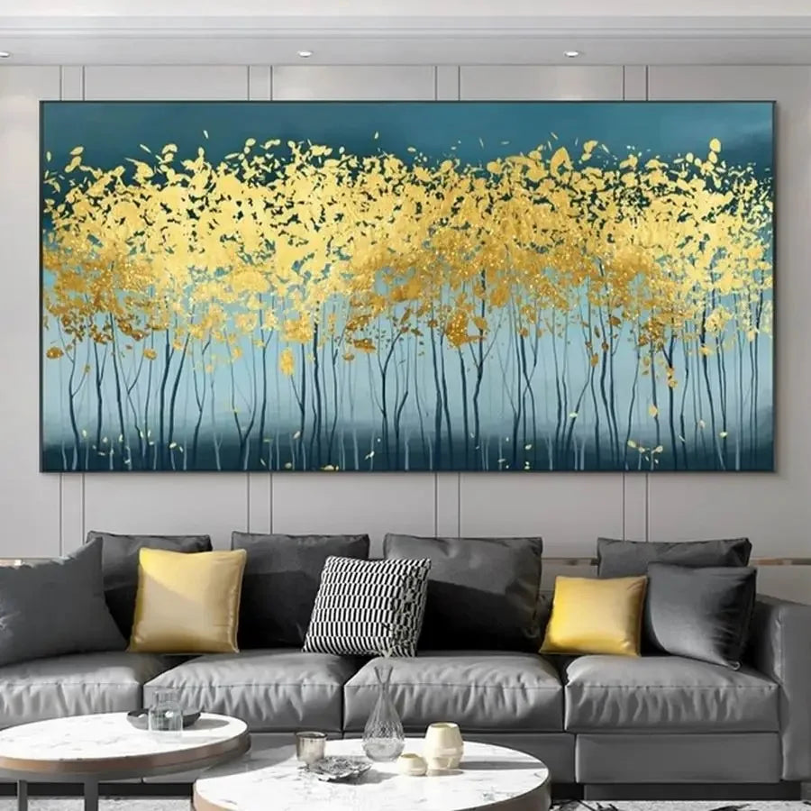 Auspicious Abstract Golden Money Tree Forest Wall Art Fine Art Canvas Print Wide Format Picture For Above The Sofa