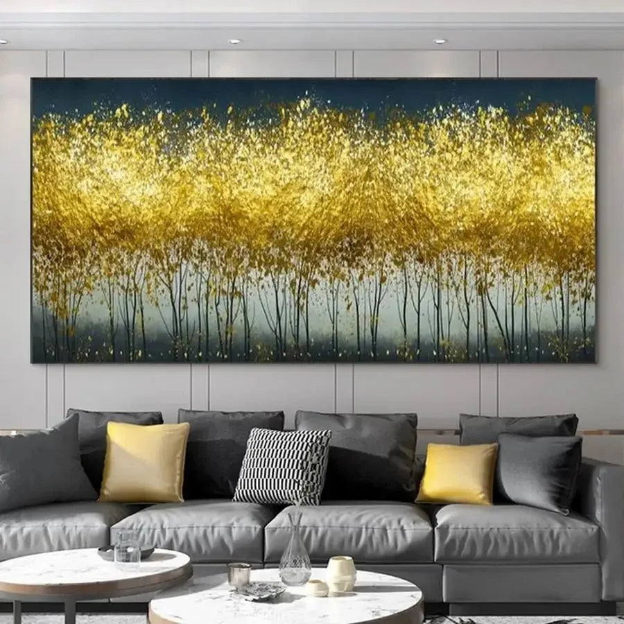 Auspicious Abstract Golden Money Tree Forest Wall Art Fine Art Canvas Print Wide Format Picture For Above The Sofa