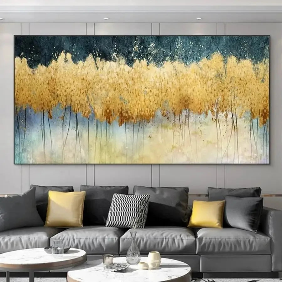 Auspicious Abstract Golden Money Tree Forest Wall Art Fine Art Canvas Print Wide Format Picture For Above The Sofa
