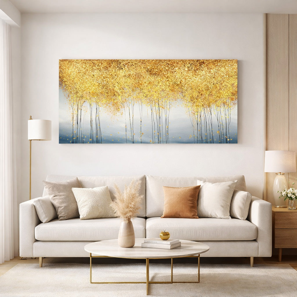 Modern living room with a large abstract painting of gold trees, a white sofa, and decorative elements.