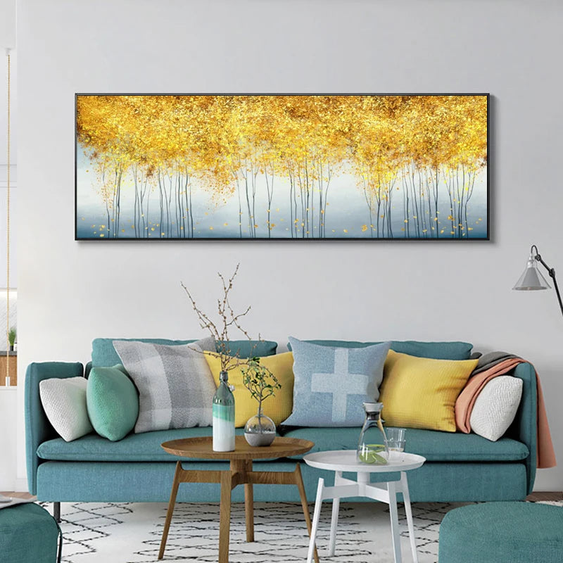 Living room with teal sofa, yellow cushions, and a large abstract painting of golden trees.