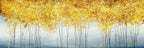 Artistic depiction of trees with golden leaves against a blue sky