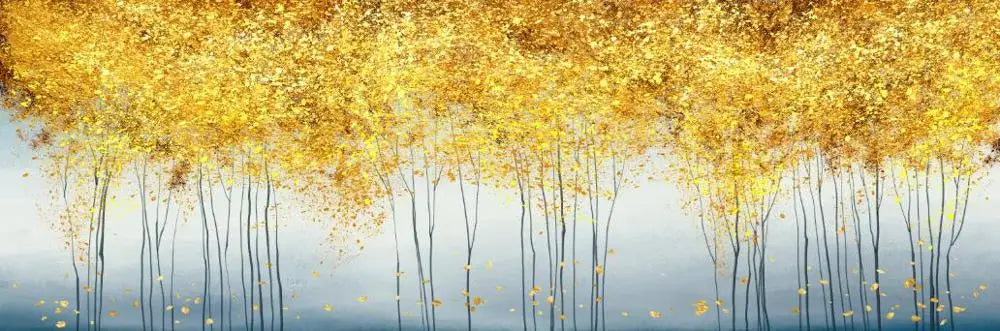 Artistic depiction of trees with golden leaves against a blue sky