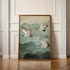 Auspicious Flying Cranes Wall Art Fine Art Canvas Print Abstract Oriental Landscape Picture For Living Room Dining Room Bedroom Art Decor