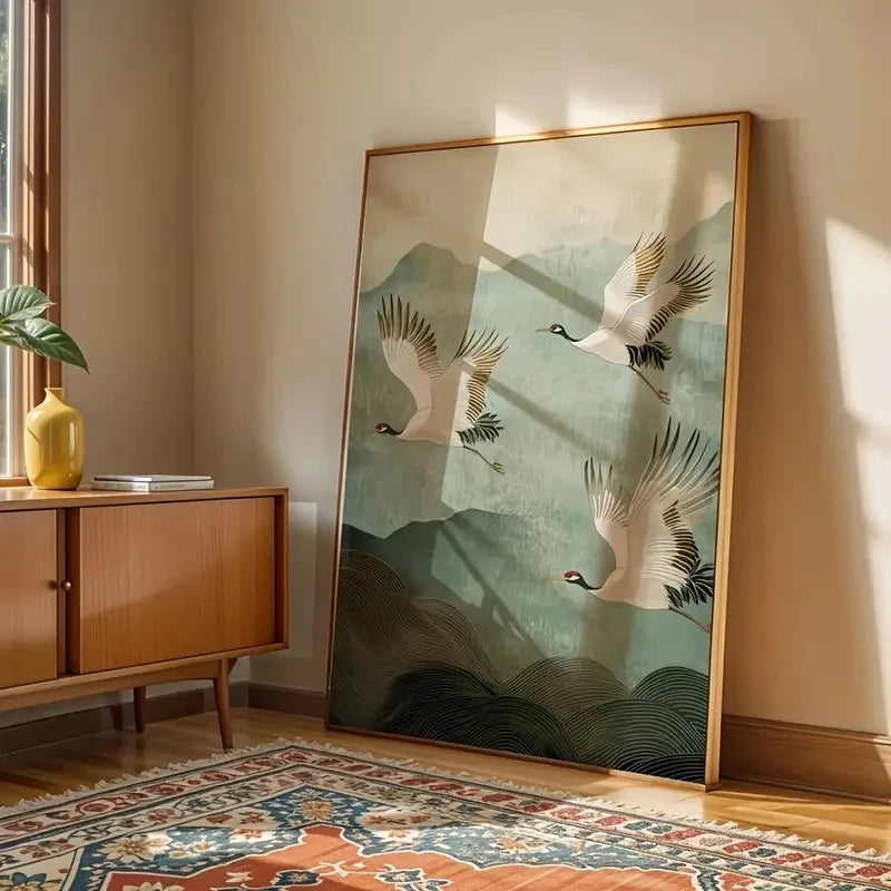 Framed artwork of cranes in a natural setting on a wall in a room with wooden furniture and a colorful rug.