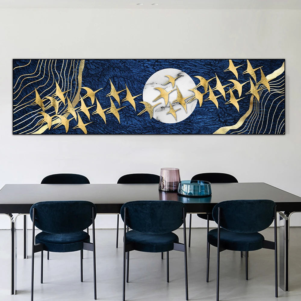 Auspicious Golden Birds In The Moon Wall Art Fine Art Canvas Print Modern Wide Format Picture For Above The Sofa Art For Above The Bed