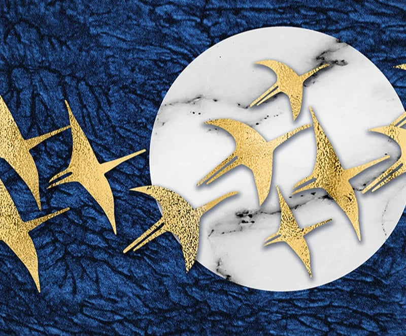 Auspicious Golden Birds In The Moon Wall Art Fine Art Canvas Print Modern Wide Format Picture For Above The Sofa Art For Above The Bed