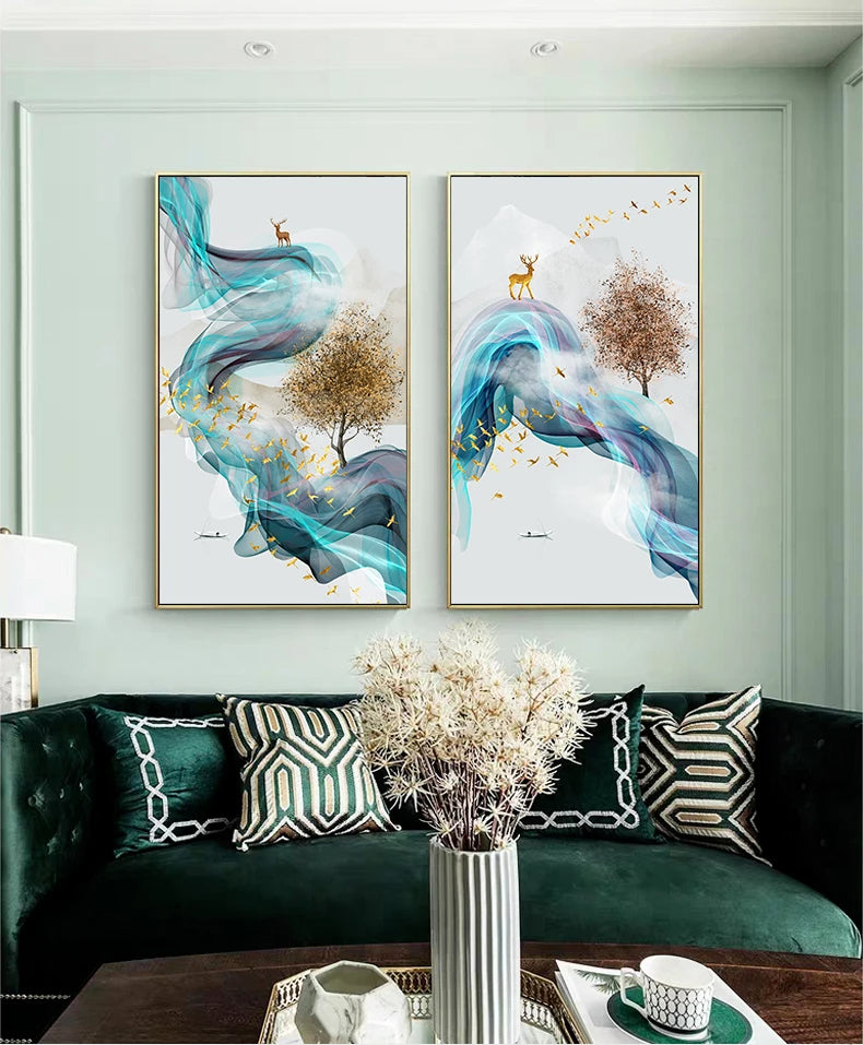 Auspicious Golden Deer Flowing Abstract Landscape Wall Art Fine Art Canvas Prints Inspirational Pictures For Living Room Dining Room Art Decor