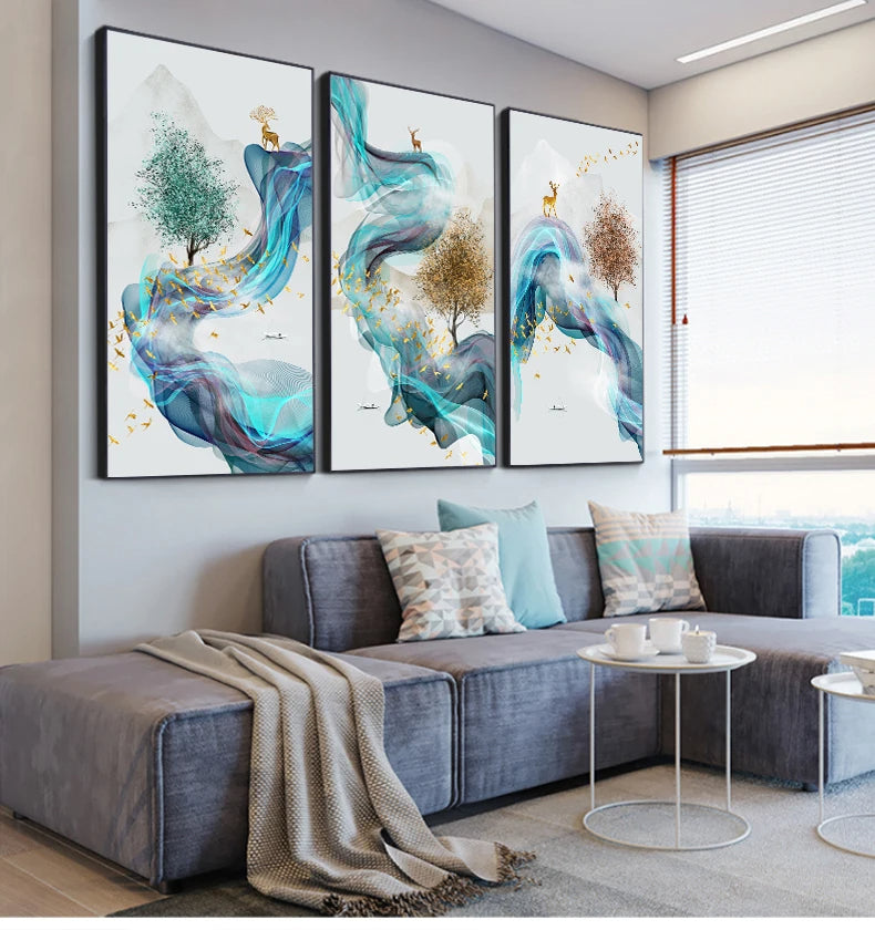 Auspicious Golden Deer Flowing Abstract Landscape Wall Art Fine Art Canvas Prints Inspirational Pictures For Living Room Dining Room Art Decor