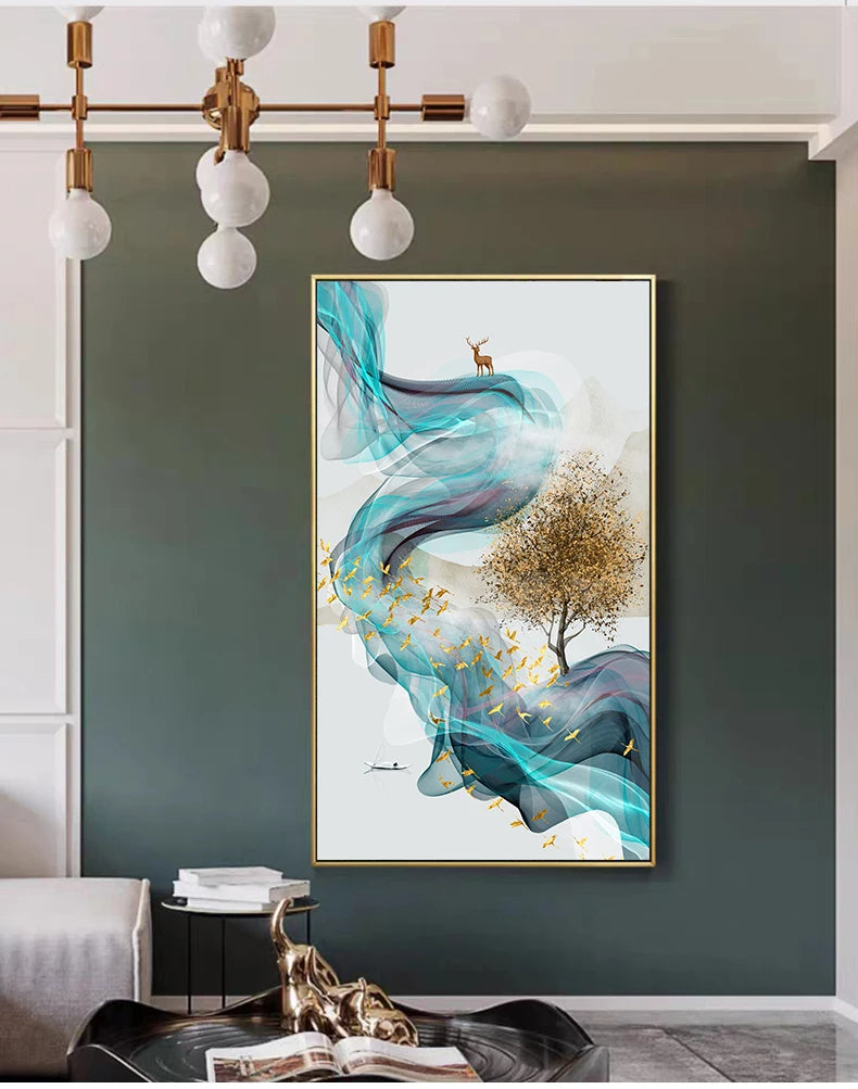 Auspicious Golden Deer Flowing Abstract Landscape Wall Art Fine Art Canvas Prints Inspirational Pictures For Living Room Dining Room Art Decor