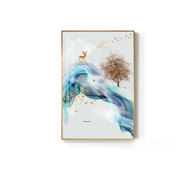 Auspicious Golden Deer Flowing Abstract Landscape Wall Art Fine Art Canvas Prints Inspirational Pictures For Living Room Dining Room Art Decor