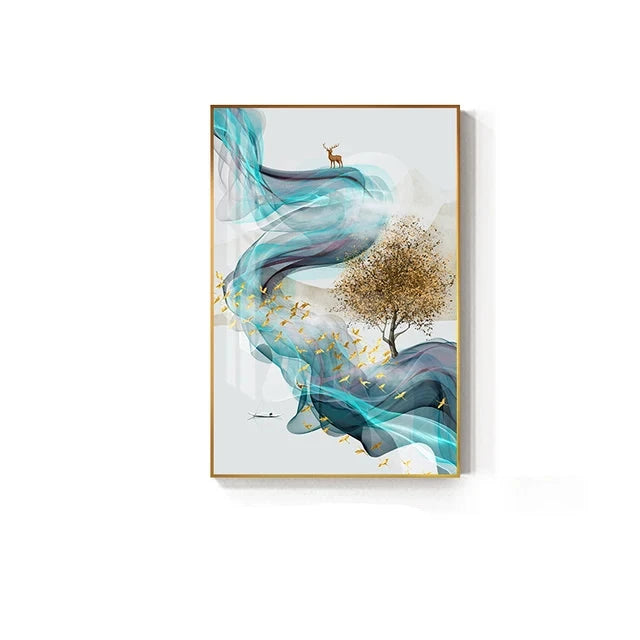 Auspicious Golden Deer Flowing Abstract Landscape Wall Art Fine Art Canvas Prints Inspirational Pictures For Living Room Dining Room Art Decor