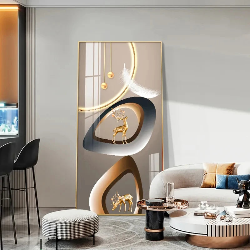 Auspicious Golden Deer Wall Art Fine Art Canvas Prints Modern Aesthetics Artworks For Living Room Reception Room Light Luxury Foyer Art Decor