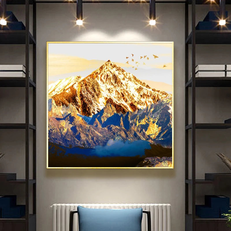 Auspicious Golden Mountain Abstract Landscape Wall Art Fine Art Canvas Print Square Format Pictures For Living Room Foyer Dining Room Art Decor