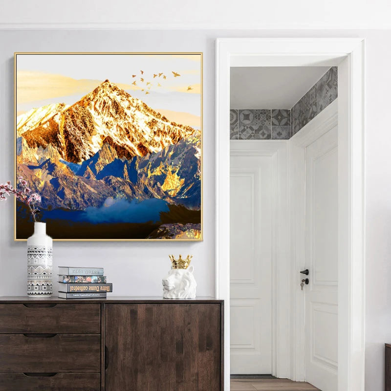 Auspicious Golden Mountain Abstract Landscape Wall Art Fine Art Canvas Print Square Format Pictures For Living Room Foyer Dining Room Art Decor