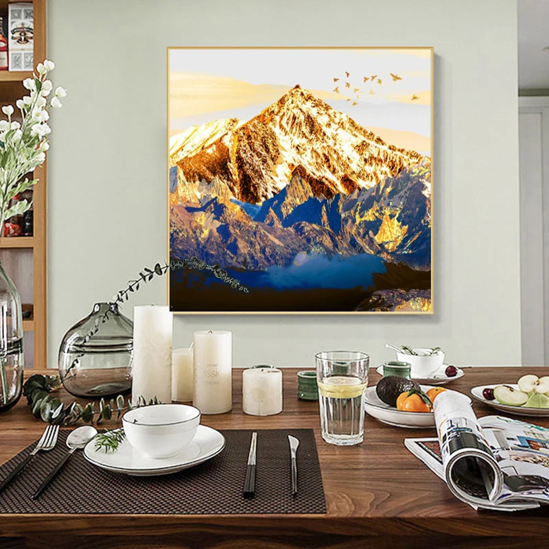 Auspicious Golden Mountain Abstract Landscape Wall Art Fine Art Canvas Print Square Format Pictures For Living Room Foyer Dining Room Art Decor