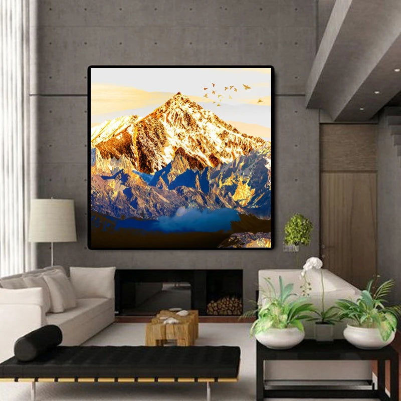 Auspicious Golden Mountain Abstract Landscape Wall Art Fine Art Canvas Print Square Format Pictures For Living Room Foyer Dining Room Art Decor