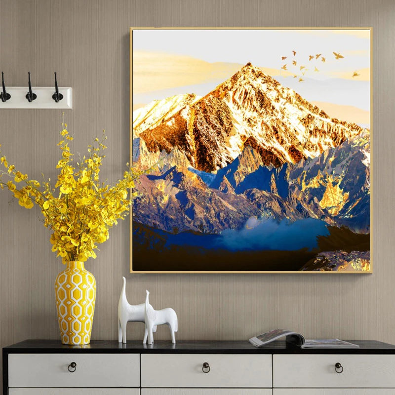 Auspicious Golden Mountain Abstract Landscape Wall Art Fine Art Canvas Print Square Format Pictures For Living Room Foyer Dining Room Art Decor