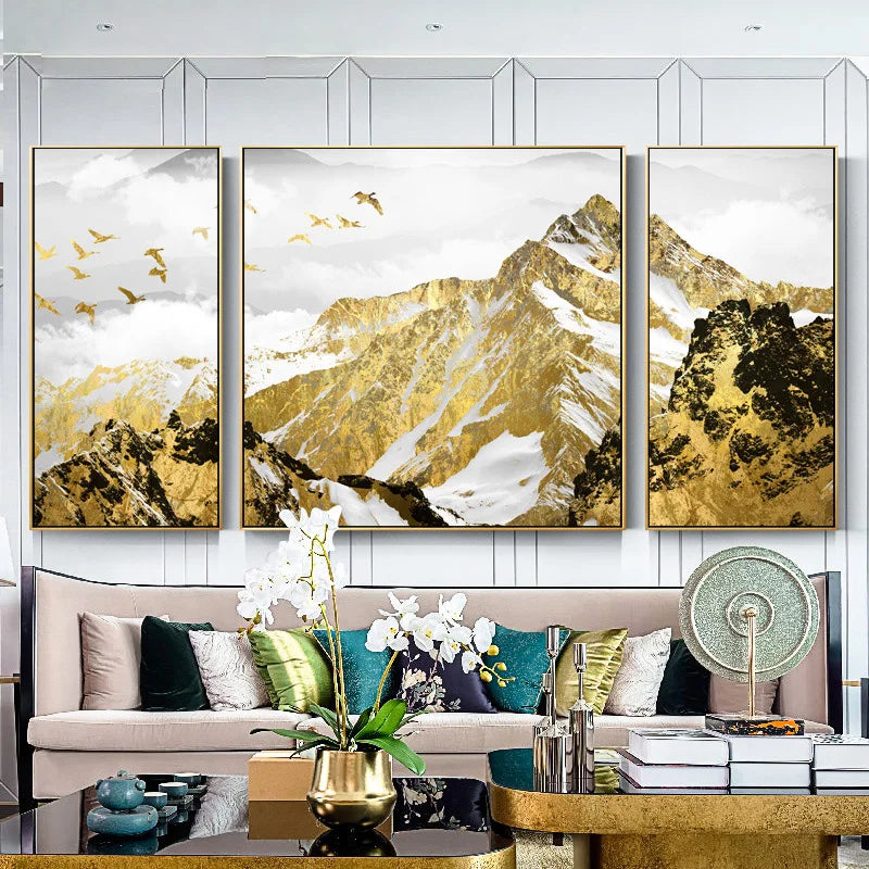 Auspicious Golden Mountain Triptych Landscape Wall Art Fine Art Canvas Prints Set of 3Pcs Pictures For Living Room Dining Room Light Luxury Home Decor