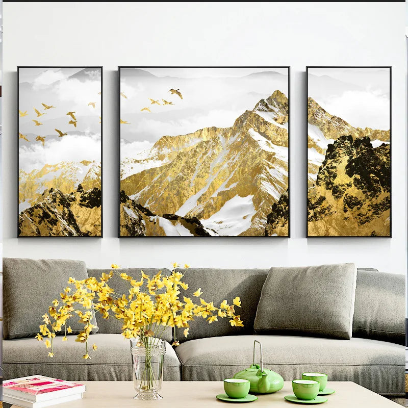 Auspicious Golden Mountain Triptych Landscape Wall Art Fine Art Canvas Prints Set of 3Pcs Pictures For Living Room Dining Room Light Luxury Home Decor