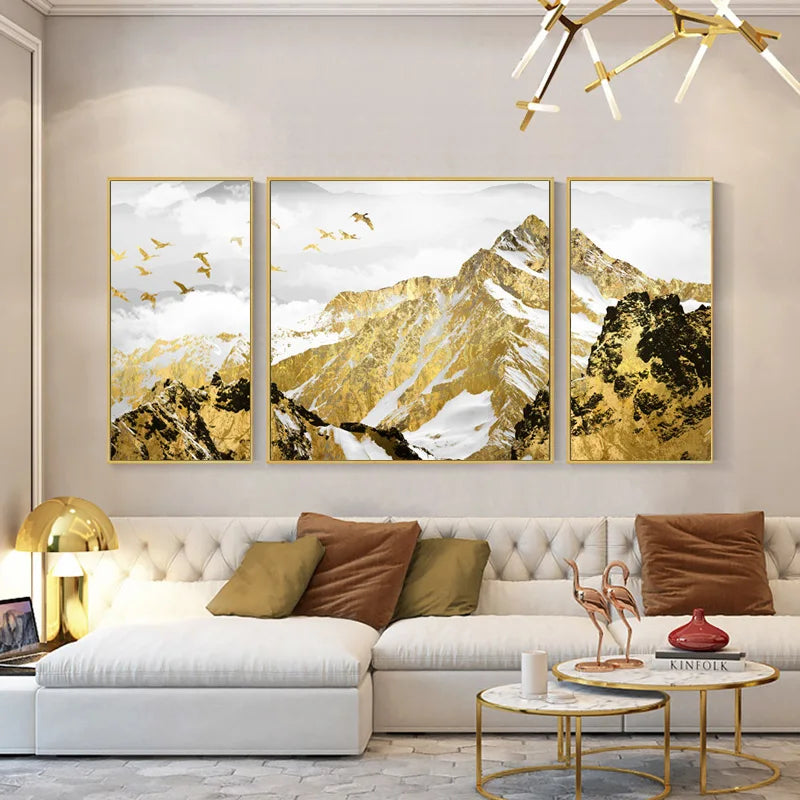 Auspicious Golden Mountain Triptych Landscape Wall Art Fine Art Canvas Prints Set of 3Pcs Pictures For Living Room Dining Room Light Luxury Home Decor