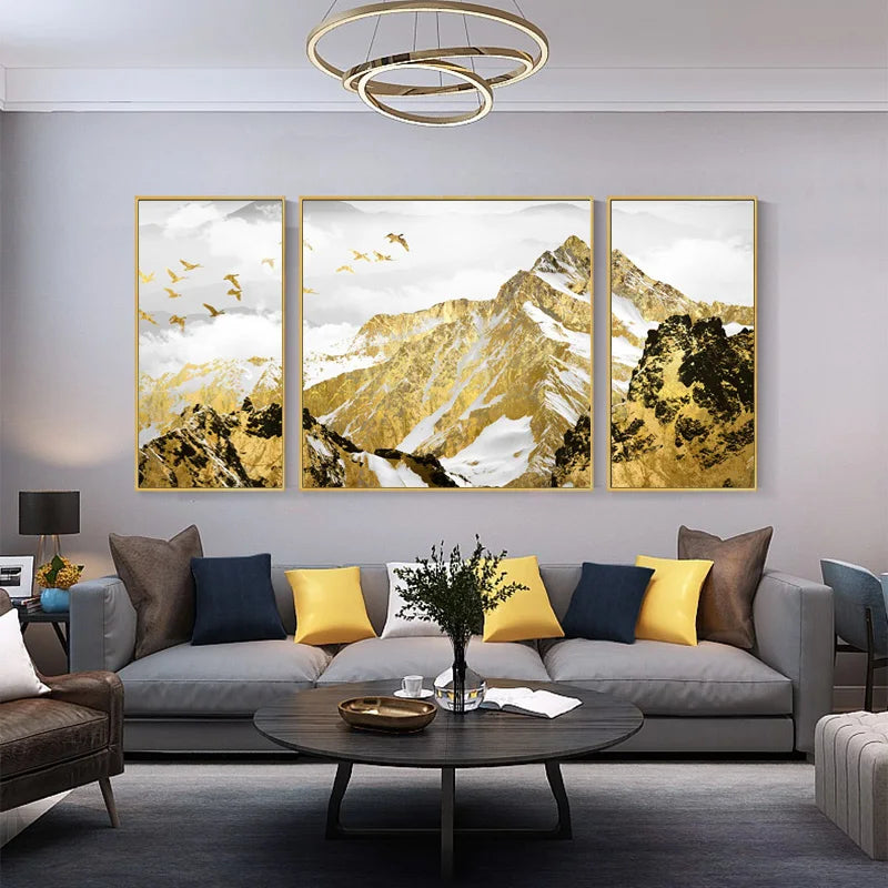Auspicious Golden Mountain Triptych Landscape Wall Art Fine Art Canvas Prints Set of 3Pcs Pictures For Living Room Dining Room Light Luxury Home Decor