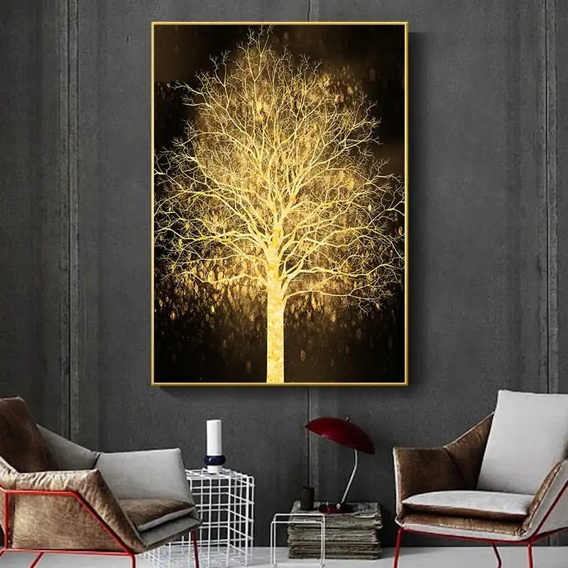 Auspicious Golden Tree Wall Art Fine Art Canvas Print Picture For Light Luxury Living Room Entrance Foyer Modern Home Office Art Decor