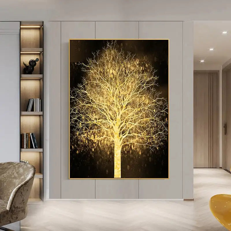 Auspicious Golden Tree Wall Art Fine Art Canvas Print Picture For Light Luxury Living Room Entrance Foyer Modern Home Office Art Decor