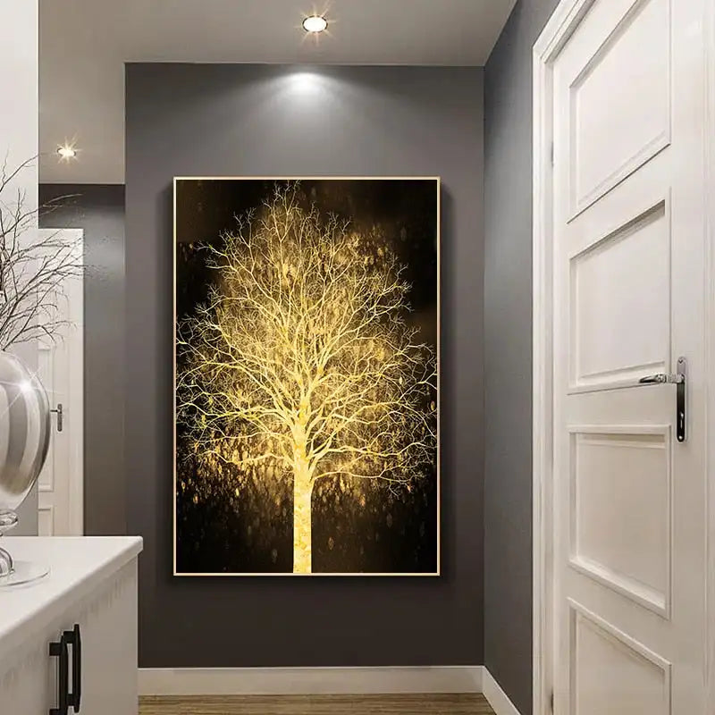 Auspicious Golden Tree Wall Art Fine Art Canvas Print Picture For Light Luxury Living Room Entrance Foyer Modern Home Office Art Decor