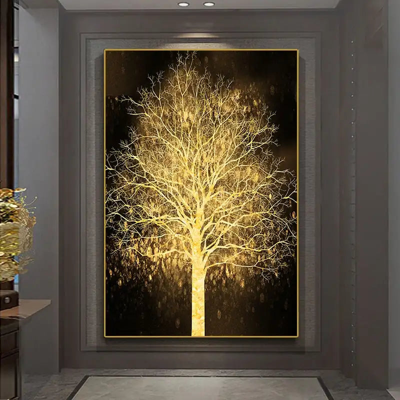 Auspicious Golden Tree Wall Art Fine Art Canvas Print Picture For Light Luxury Living Room Entrance Foyer Modern Home Office Art Decor