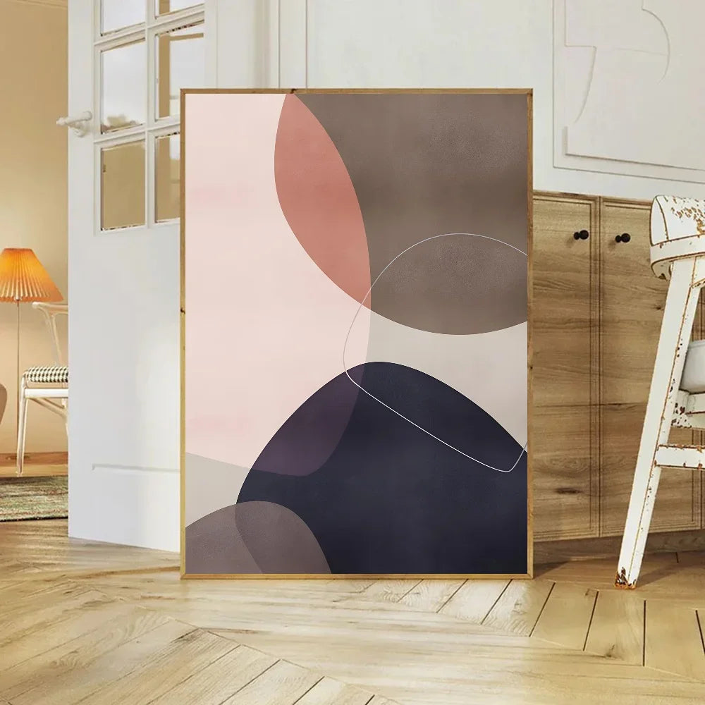 Abstract art piece with geometric shapes in a modern interior setting