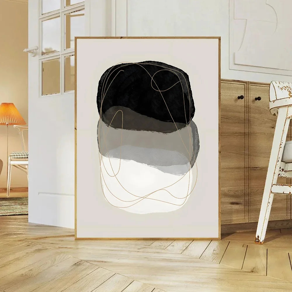 Abstract art piece in a modern interior setting with wooden floor and furniture.