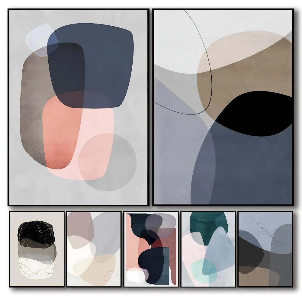Set of abstract art prints with geometric shapes in various colors on a white background.
