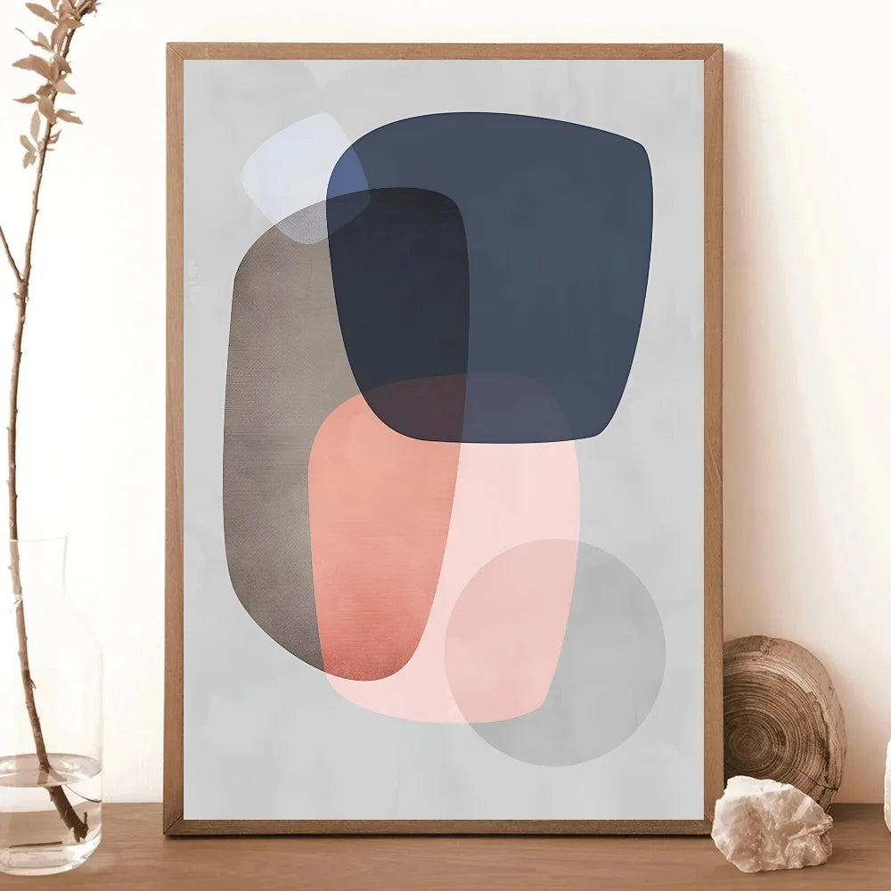 Abstract art print with geometric shapes in blue, pink, and gray on a light background