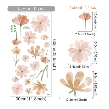 Floral wall sticker layout with dimensions and quantity information on a white background