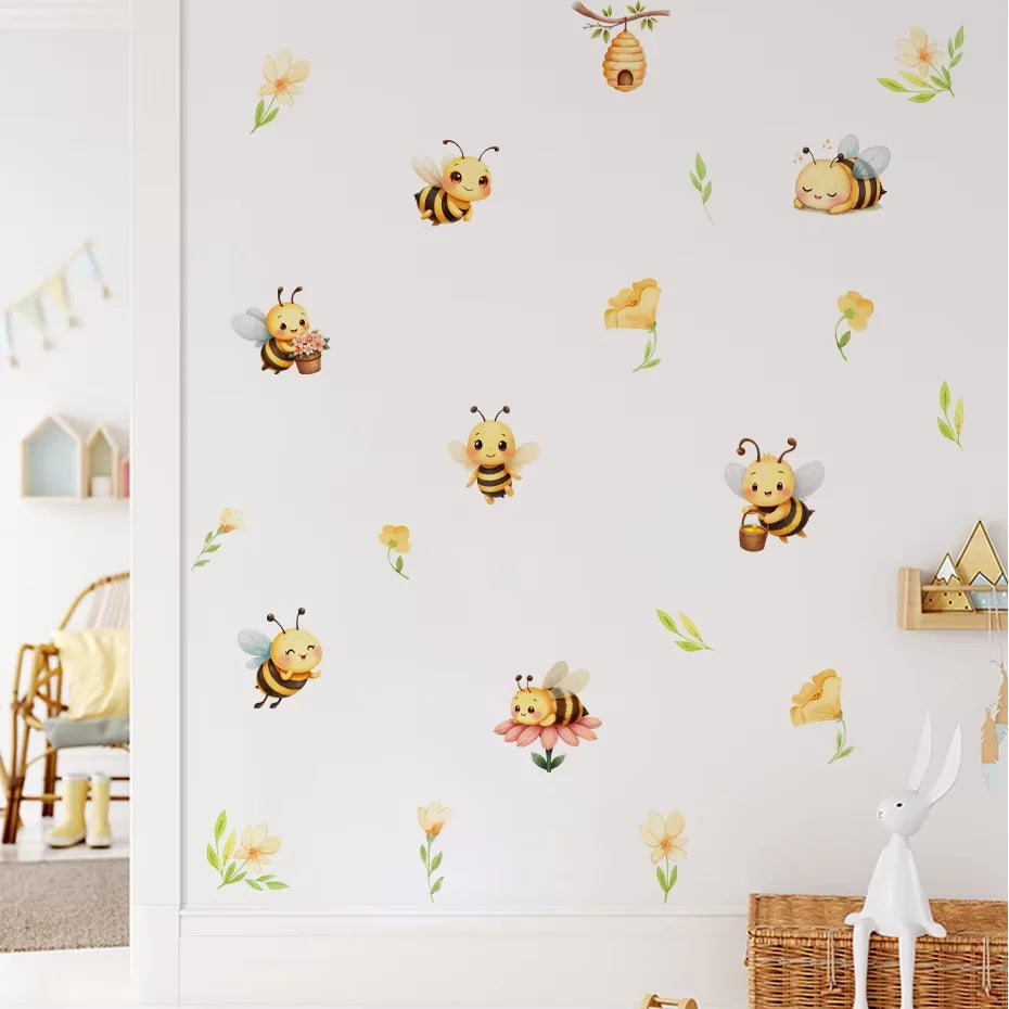 Wall with bee and flower decals in a child's room