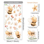 Sheet of bee and flower stickers with layout sizes and dimensions.