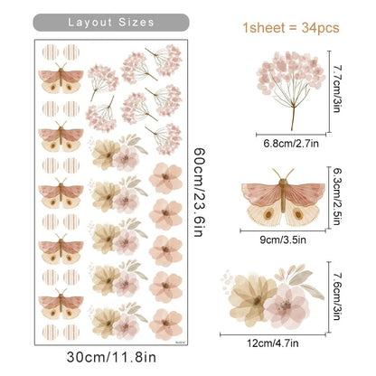 Sheet of butterfly and flower stickers with dimensions and layout sizes.