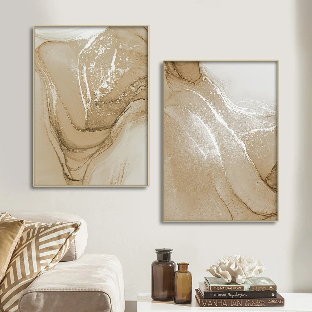 Beige Chic Liquid Marble Wall Art Fine Art Canvas Prints Pictures For Neutral Color Living Room Bedroom Art Modern Home Interior Decor