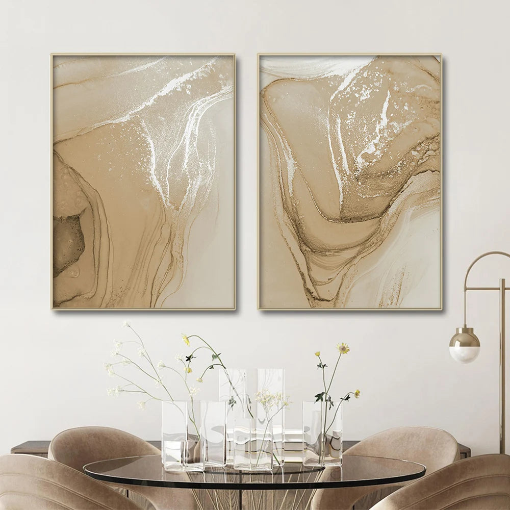 Beige Chic Liquid Marble Wall Art Fine Art Canvas Prints Pictures For Neutral Color Living Room Bedroom Art Modern Home Interior Decor