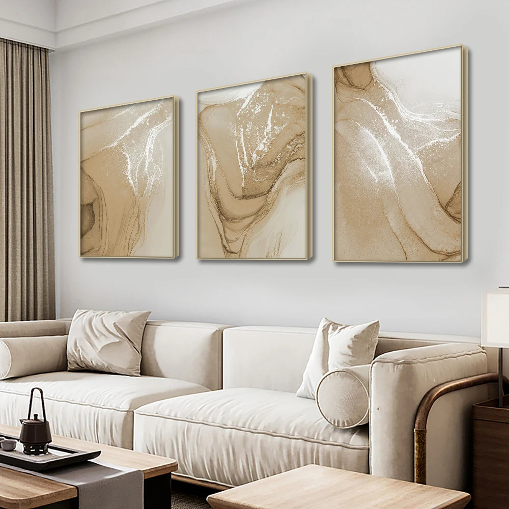 Beige Chic Liquid Marble Wall Art Fine Art Canvas Prints Pictures For Neutral Color Living Room Bedroom Art Modern Home Interior Decor