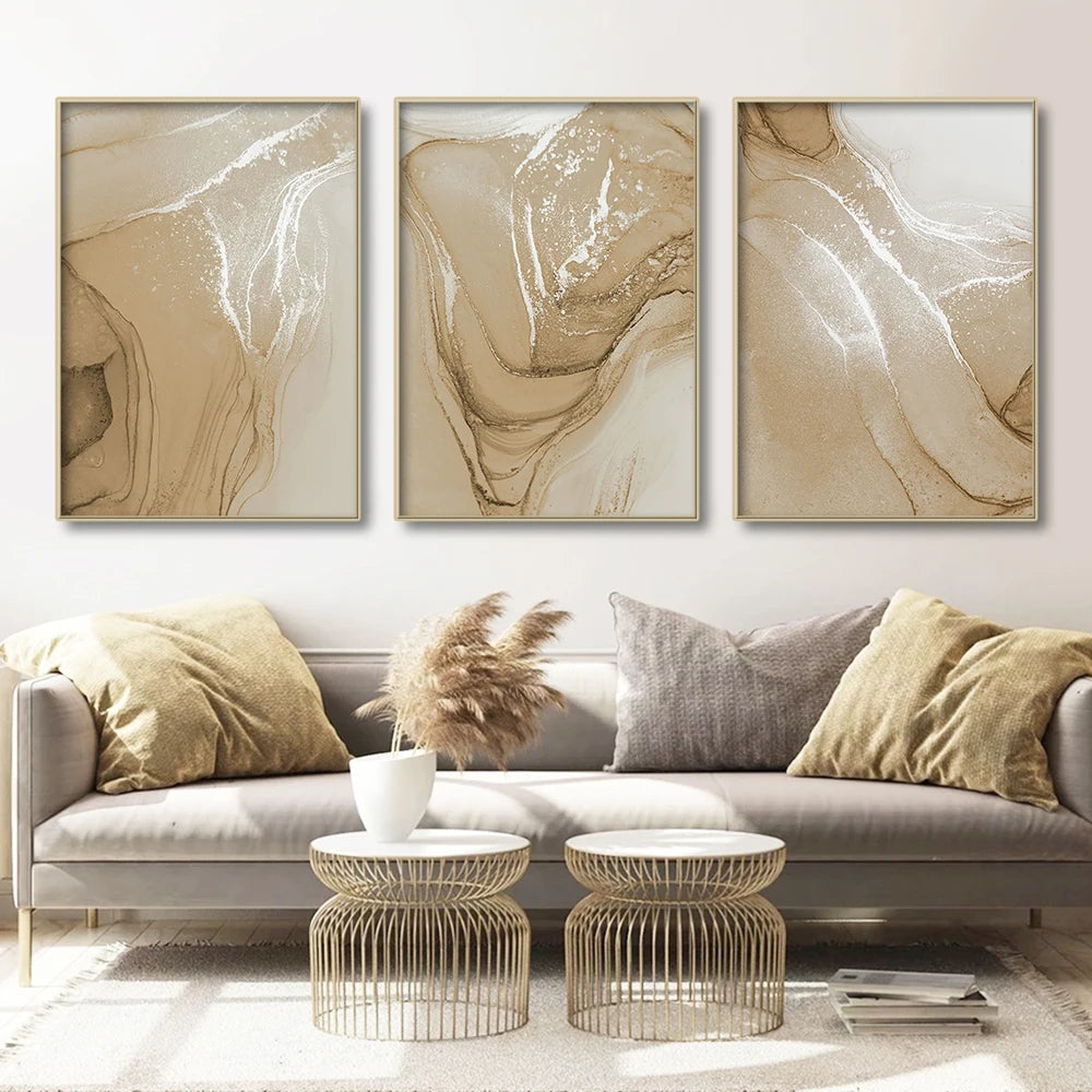 Beige Chic Liquid Marble Wall Art Fine Art Canvas Prints Pictures For Neutral Color Living Room Bedroom Art Modern Home Interior Decor